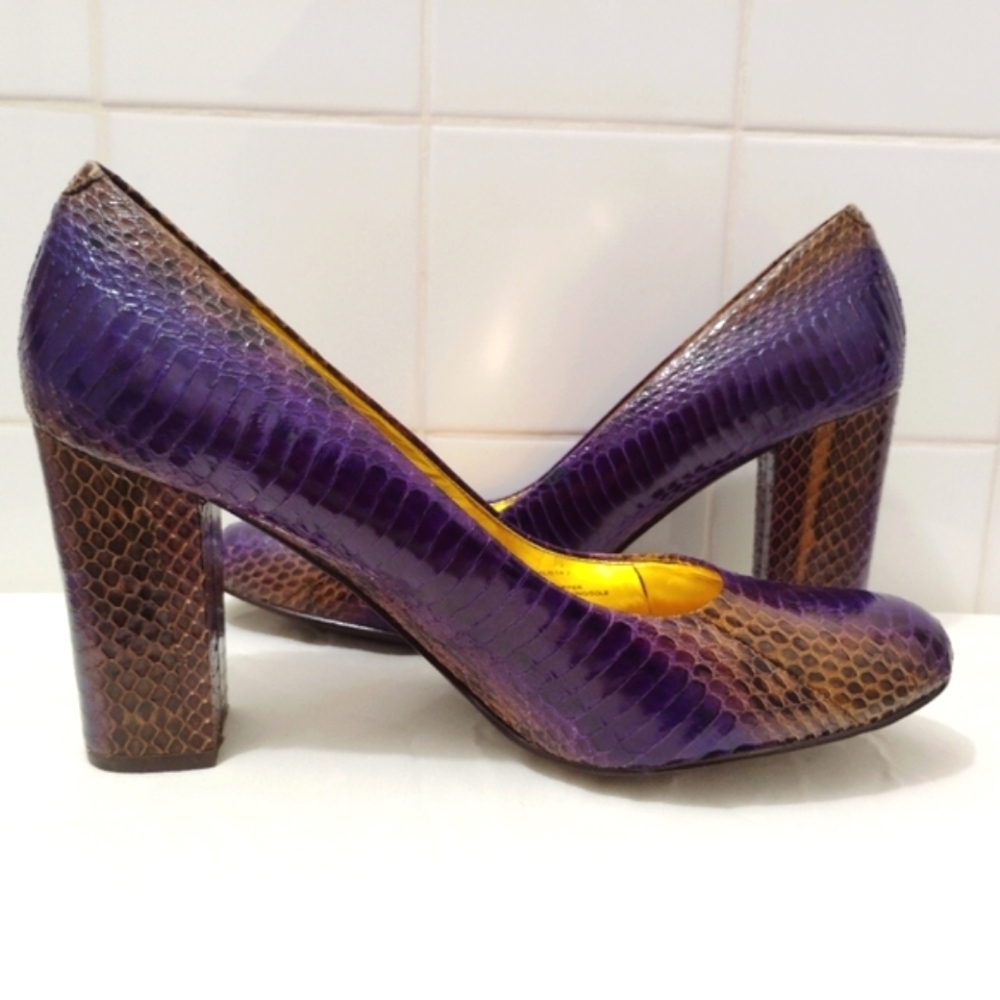 BCBG Calista Snakeskin Leather Heels Purple Gold 3" Block Heel US 7 - Picture 9 of 13